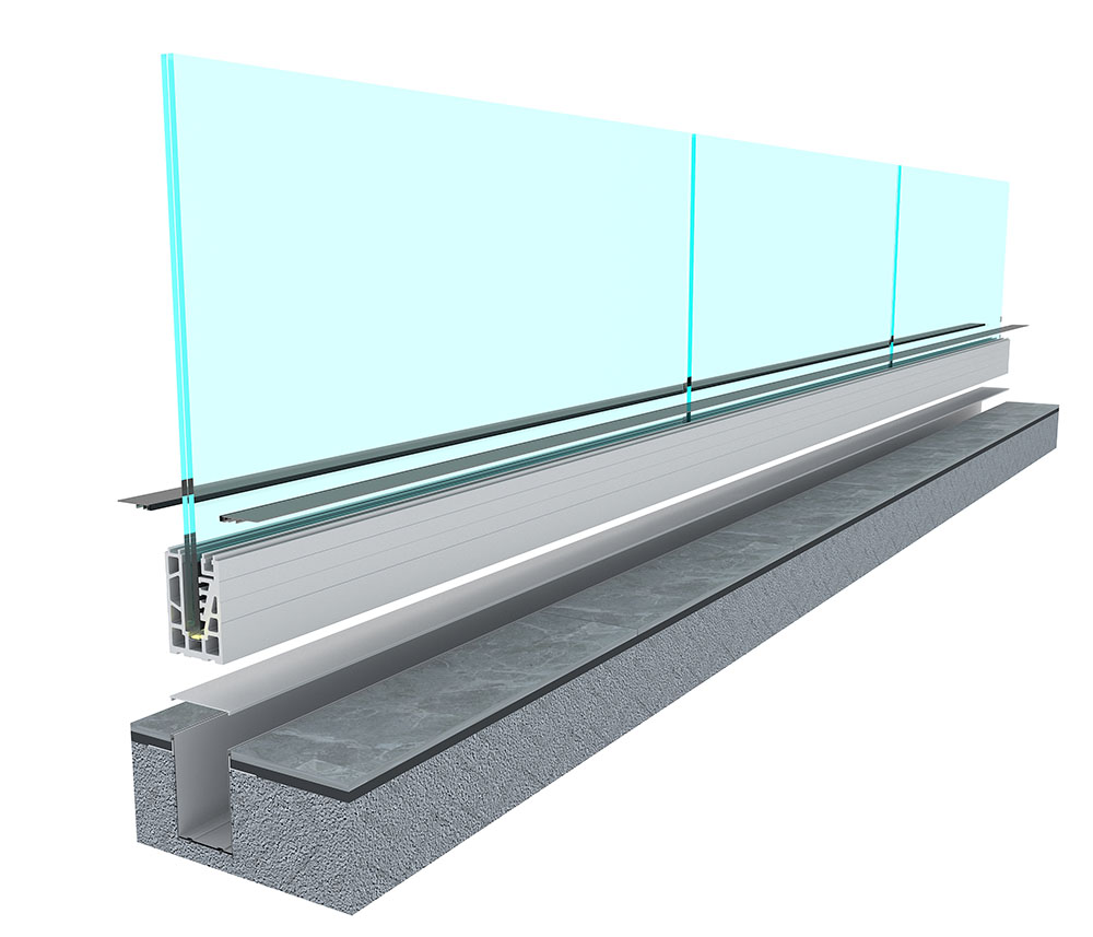 Linear kontinuéierlech Uwendung vum In-Floor All Glass Railing System